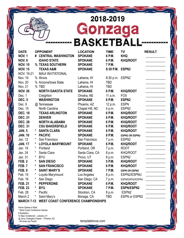 Printable 2018 2019 Gonzaga Bulldogs Basketball Schedule