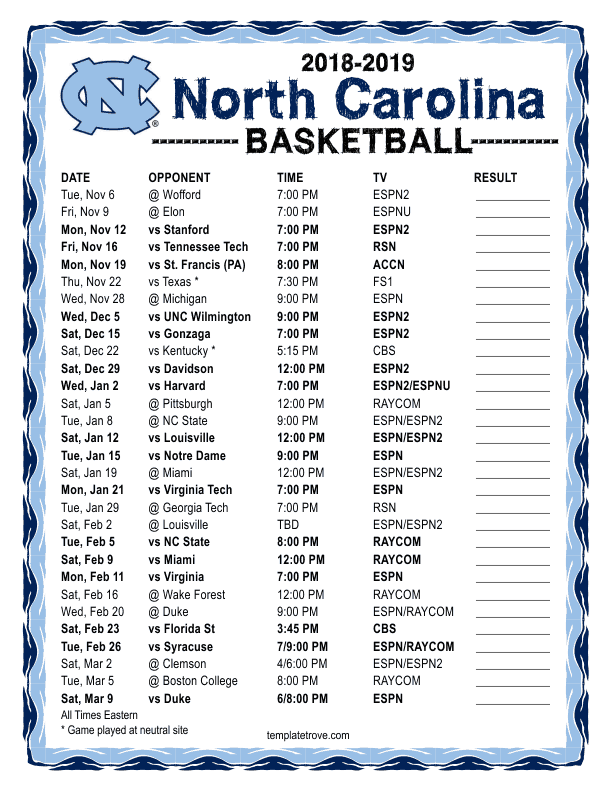 Printable 2018 2019 North Carolina Tarheels Basketball