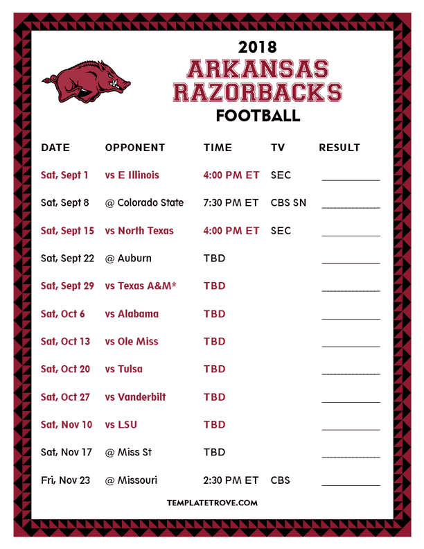 Printable 2018 Arkansas Razorbacks Football Schedule