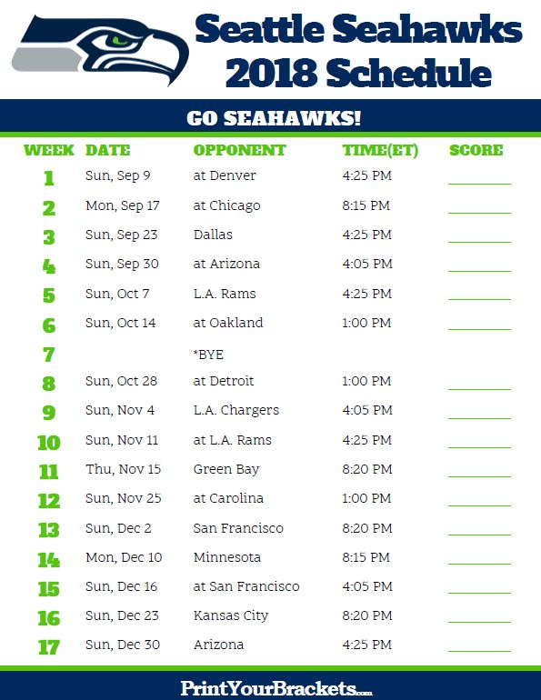 Printable 2018 Seattle Seahawks Football Schedule