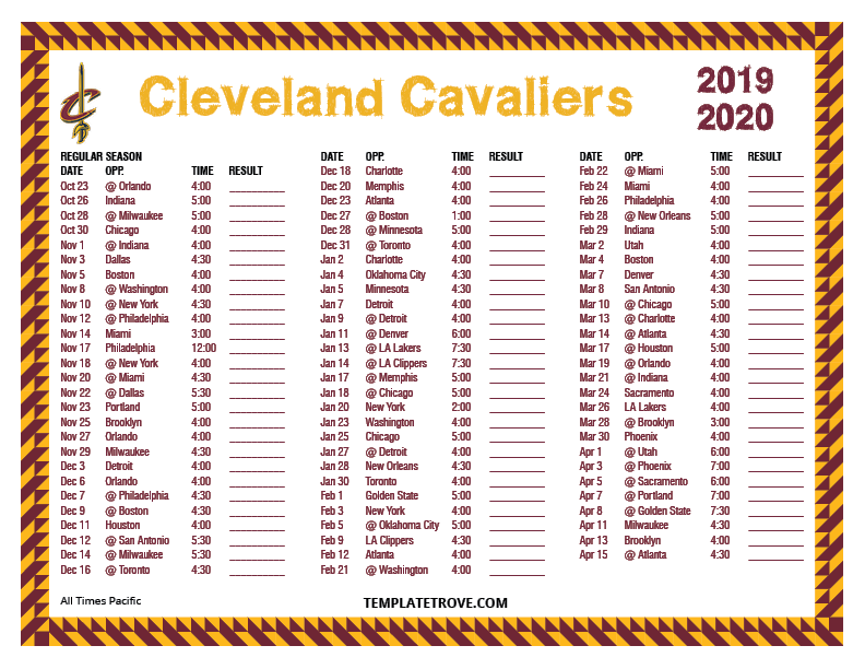 Printable 2019 2020 Cleveland Cavaliers Schedule