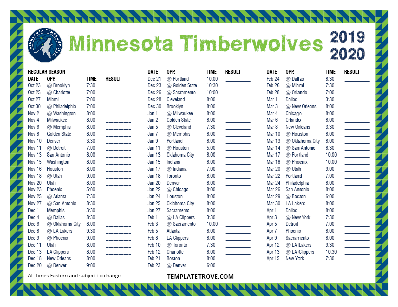Printable 2019 2020 Minnesota Timberwolves Schedule