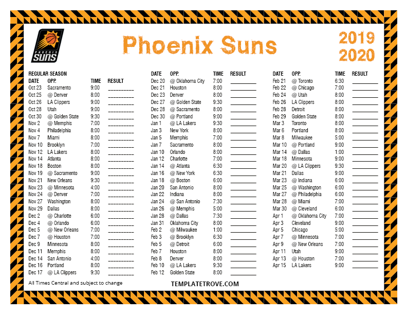 Printable 2019 2020 Phoenix Suns Schedule