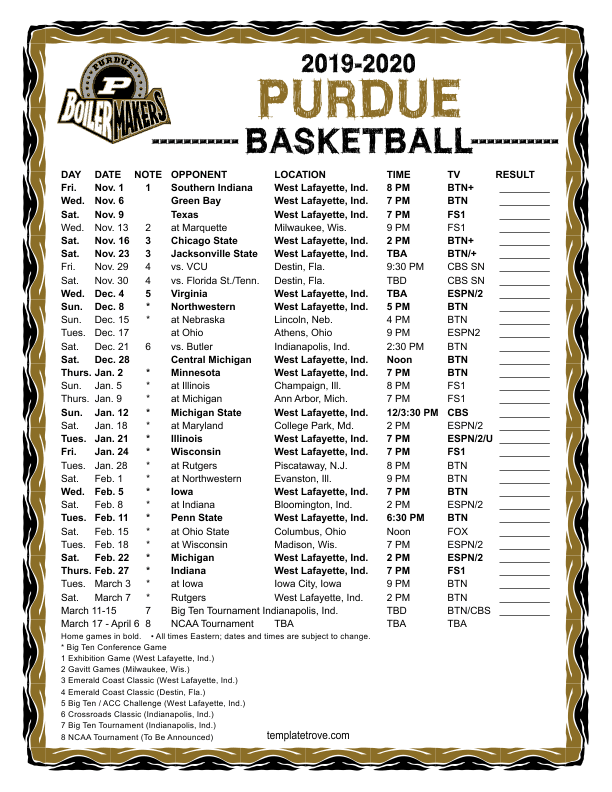 Printable 2019 2020 Purdue Boilermakers Basketball Schedule