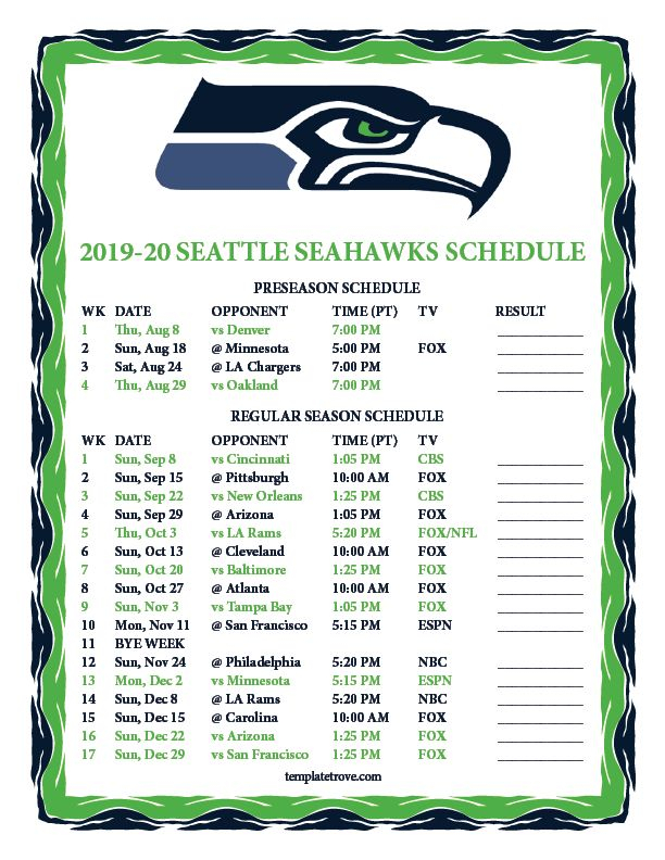 Printable 2019 2020 Seattle Seahawks Schedule Seahawks 