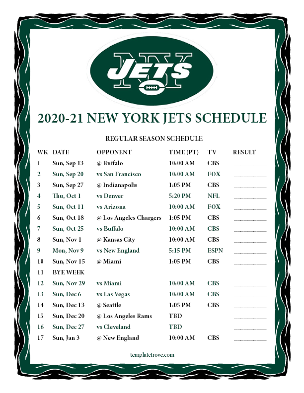 Printable 2020 2021 New York Jets Schedule