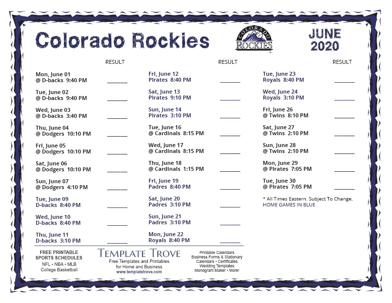 Printable 2020 Colorado Rockies Schedule