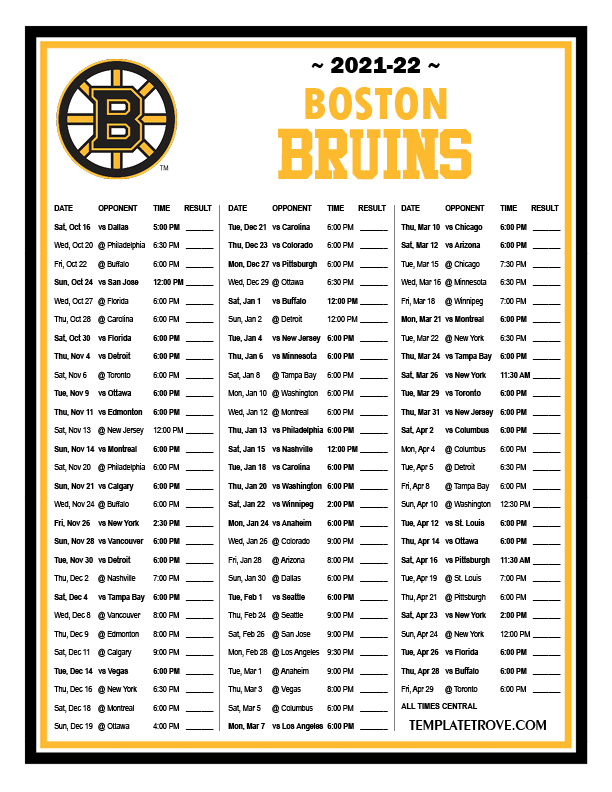 Printable 2021 2022 Boston Bruins Schedule
