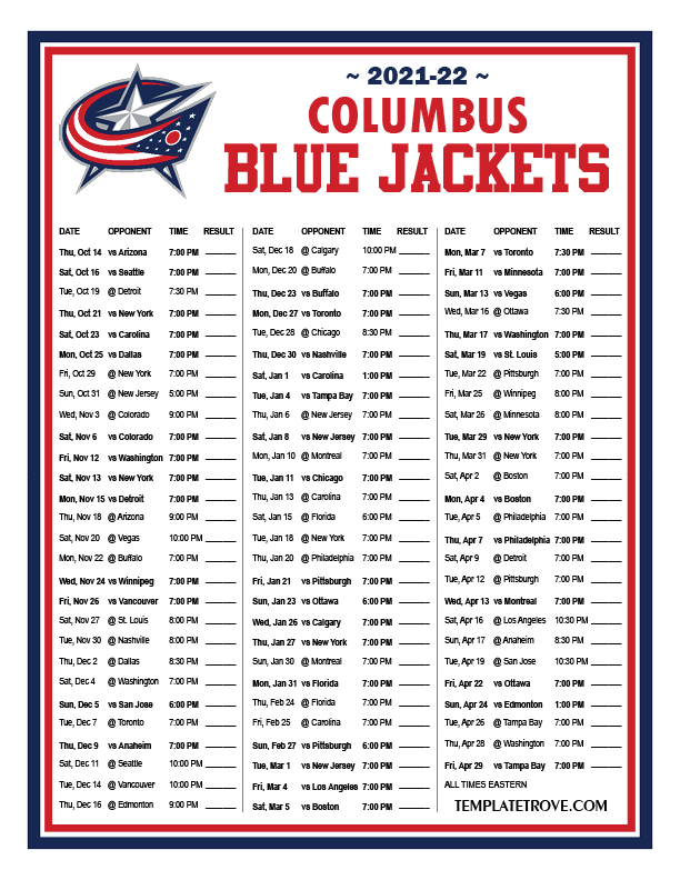 Printable 2021 2022 Columbus Blue Jackets Schedule