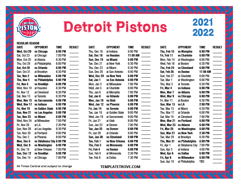 Printable 2021 2022 Detroit Pistons Schedule