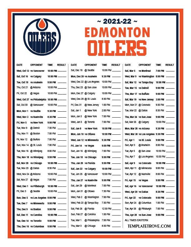 Printable 2021 2022 Edmonton Oilers Schedule