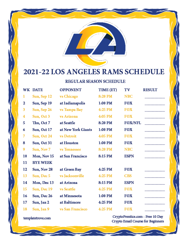 Printable 2021 2022 Los Angeles Rams Schedule