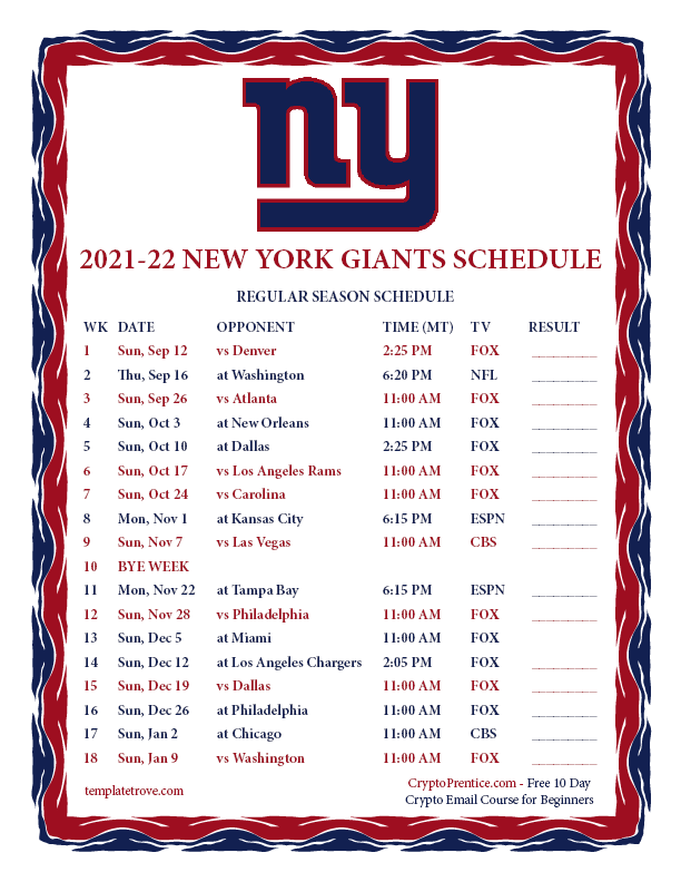 Printable 2021 2022 New York Giants Schedule