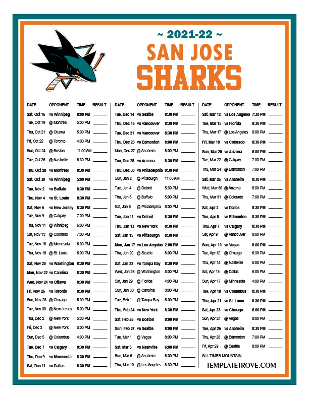 Printable 2021 2022 San Jose Sharks Schedule