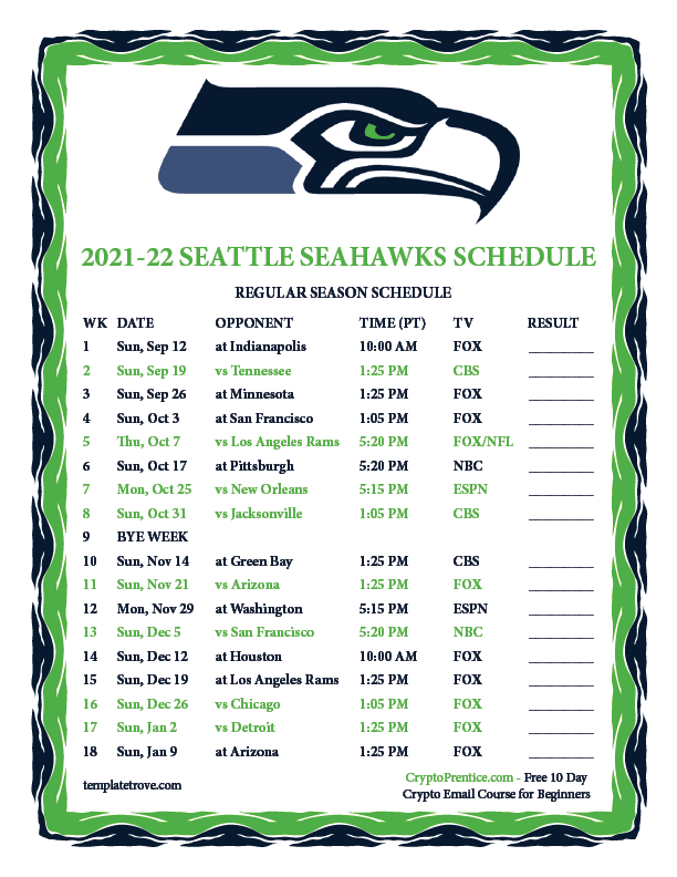 Printable 2021 2022 Seattle Seahawks Schedule Printable 