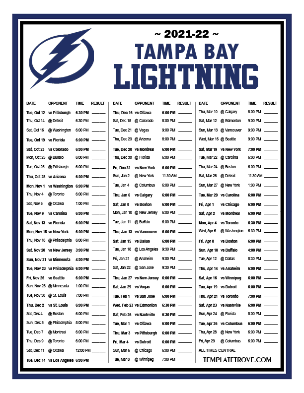 Printable 2021 2022 Tampa Bay Lightning Schedule
