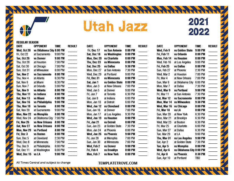 Printable 2021 2022 Utah Jazz Schedule