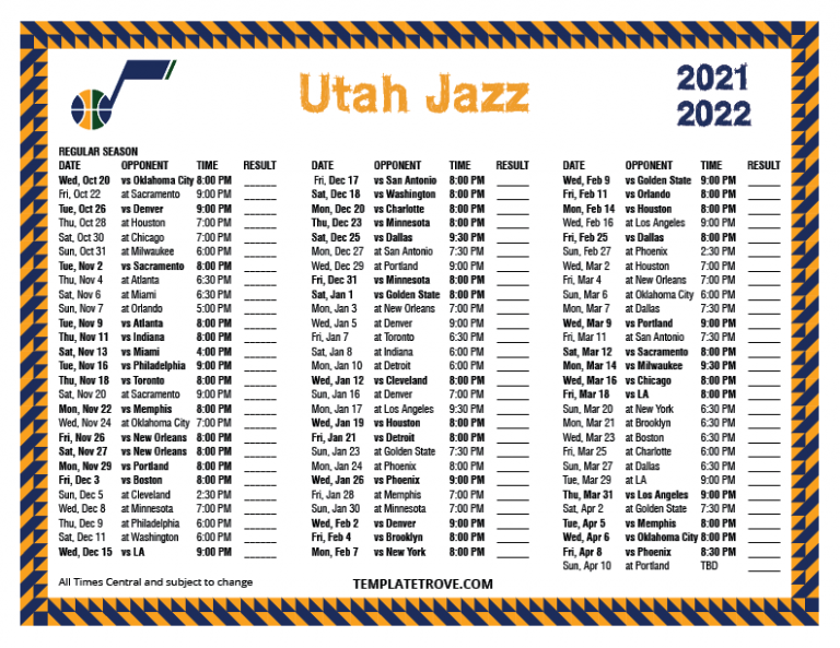 Printable 2021 2022 Utah Jazz Schedule Printable Schedule