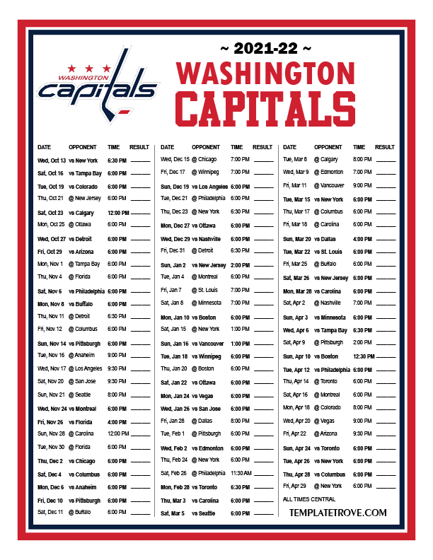 Printable 2021 2022 Washington Capitals Schedule