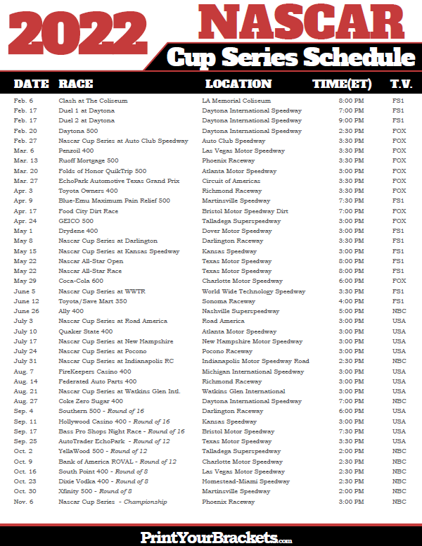 Printable 2021 Nascar Schedule Monster Cup Series Dates 