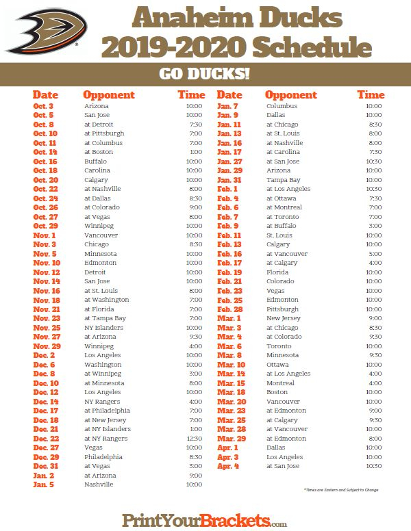 Printable Anaheim Ducks Hockey Schedule 2019 2020