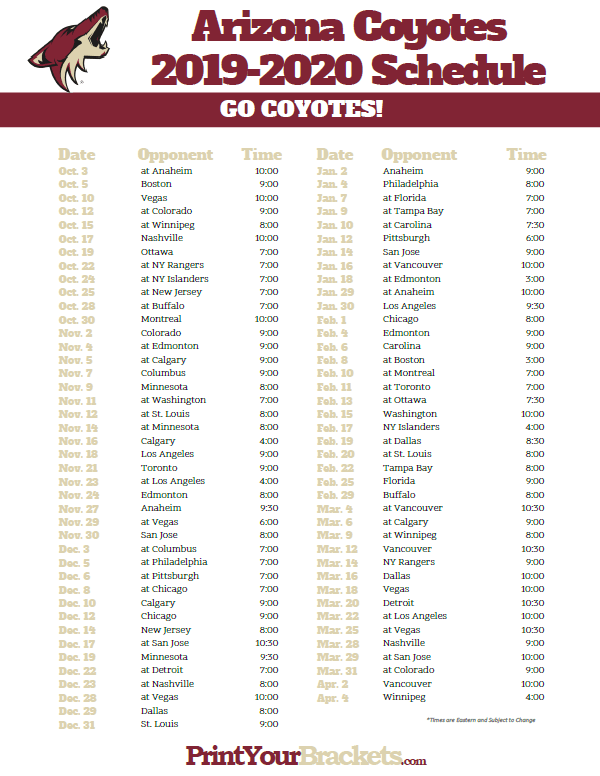 Printable Arizona Coyotes Hockey Schedule 2019 2020 