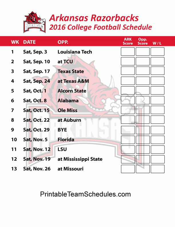 Printable Arkansas Razorbacks Football Schedule 2016 