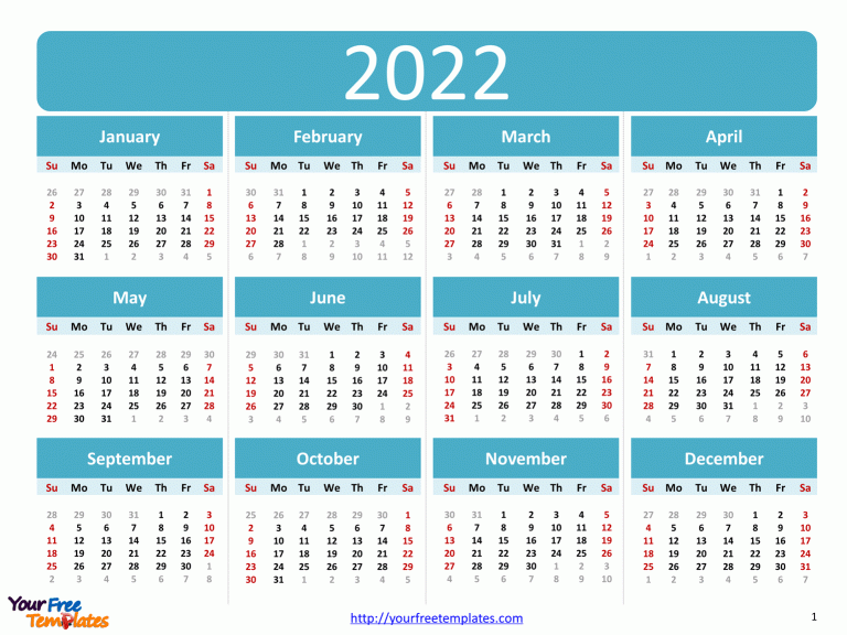 Printable Calendar 2022 Template Free PowerPoint Template