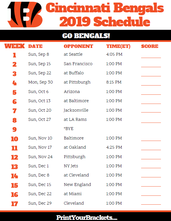 Printable Cincinnati Bengals Schedule 2019 Season