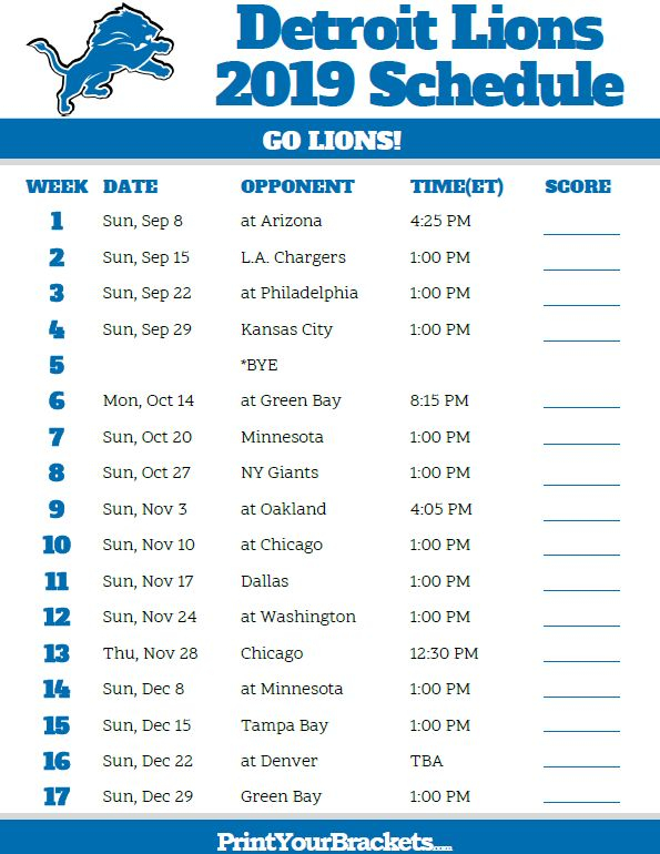 Printable Detroit Lions Schedule 2019 Season Detroit 