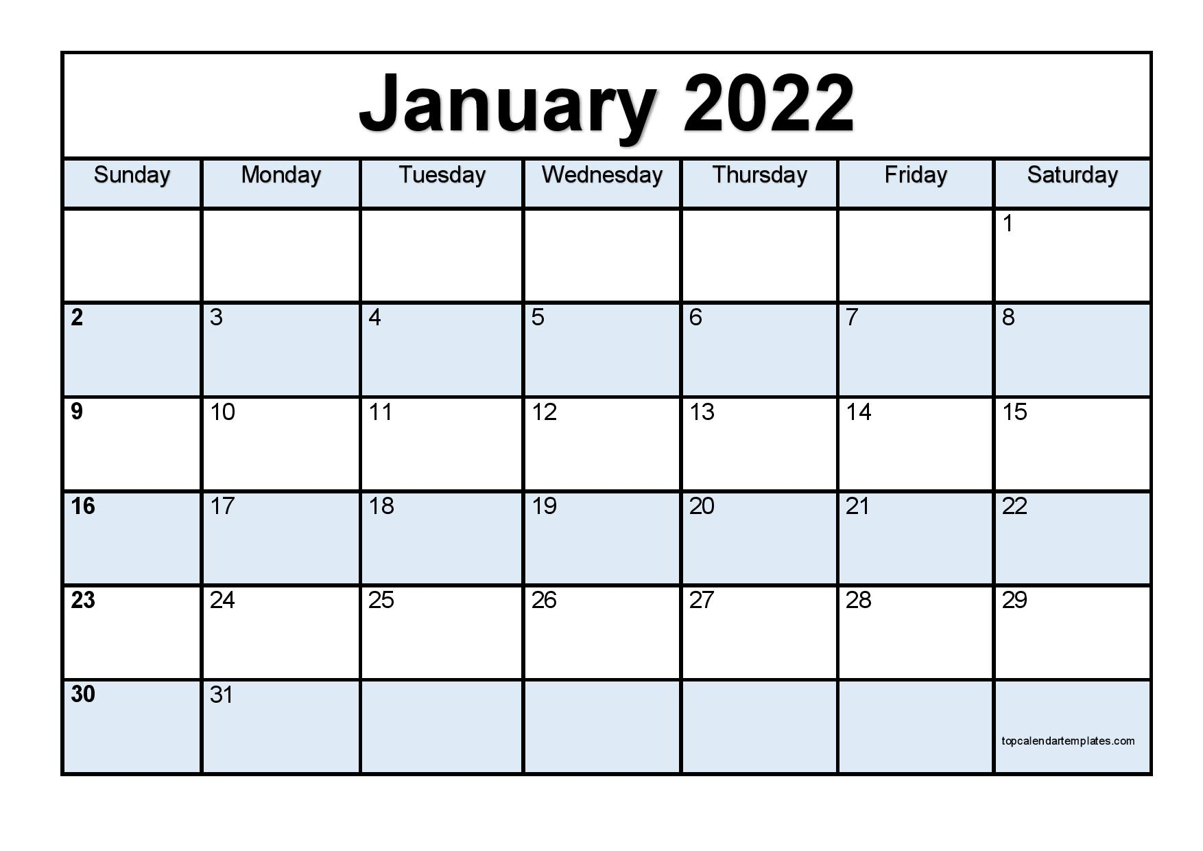 Printable January 2022 Calendar Template PDF Word Excel 