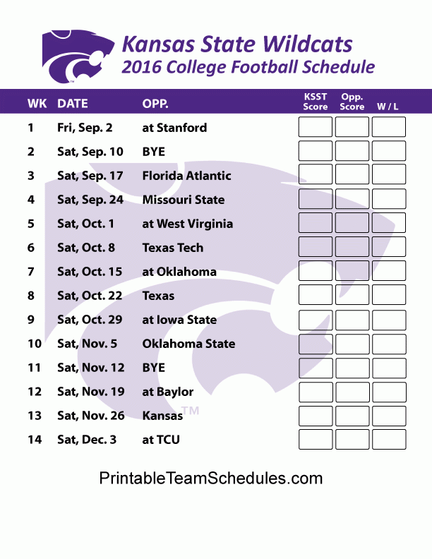 Printable Kansas State Wildcats Football Schedule 2016 
