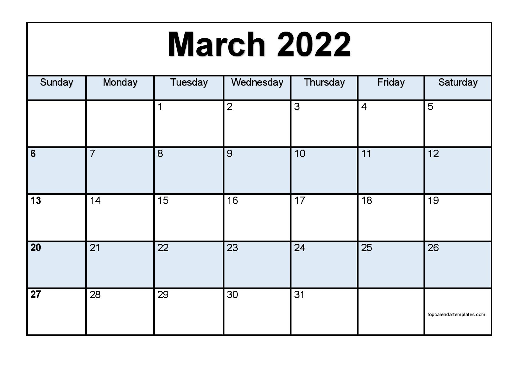 Printable March 2022 Calendar Template PDF Word Excel 