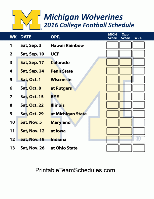 Printable Michigan Wolverines Football Schedule 2016 