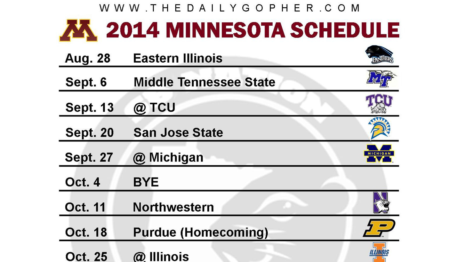 Printable Minnesota Gophers Football Schedule 2014 The 