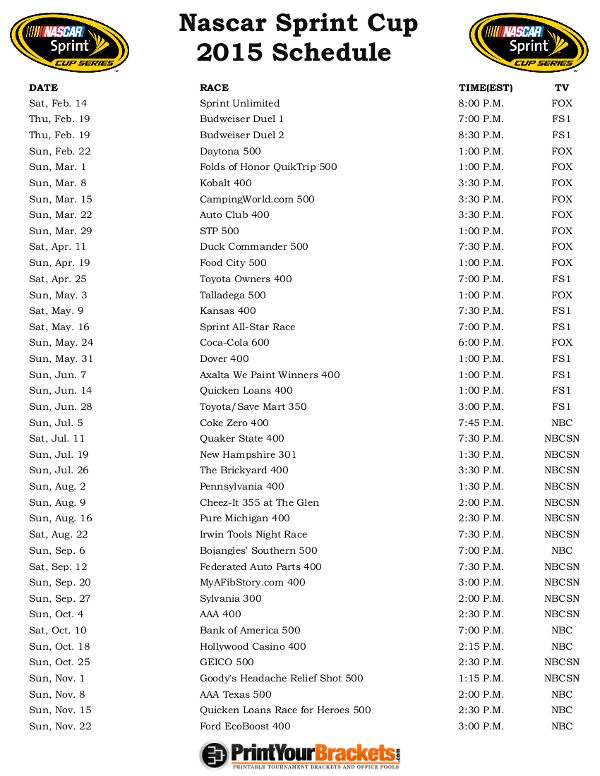 Printable Nascar Schedule Sprint Cup Race Dates 2015
