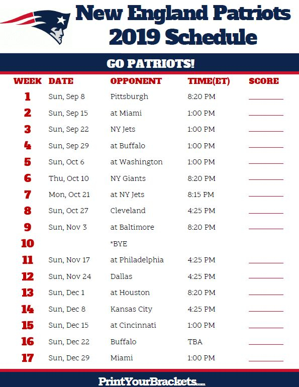 Printable New England Patriots Schedule 2019 Season 