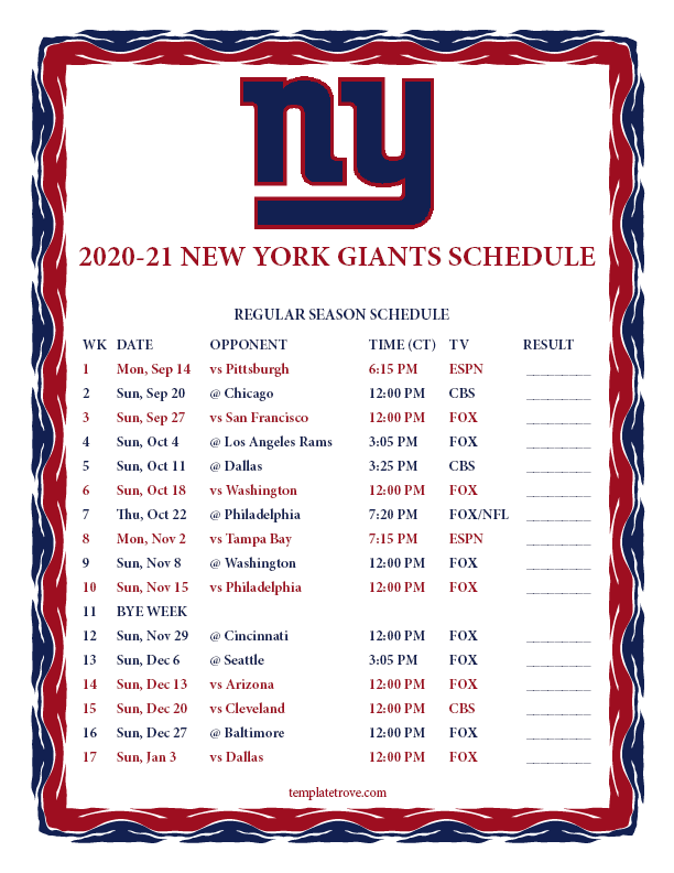 Printable New York Giants Schedule 2021 FreePrintableTM 