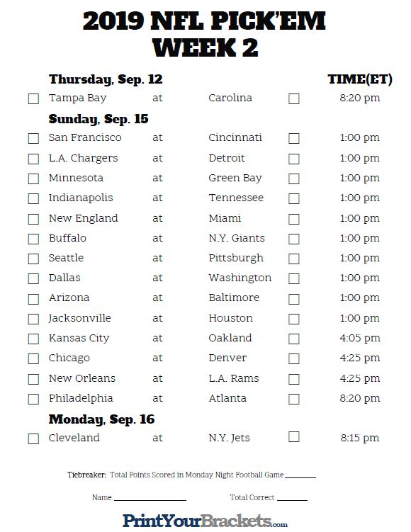 Printable NFL Week 2 Schedule Pick Em Pool 2019 Nfl