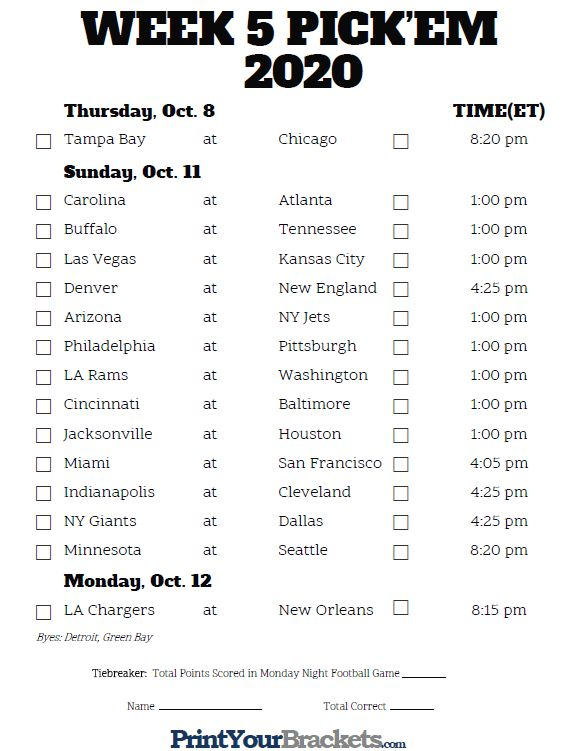 Printable NFL Week 5 Schedule Pick Em Pool 2020 In 2020 