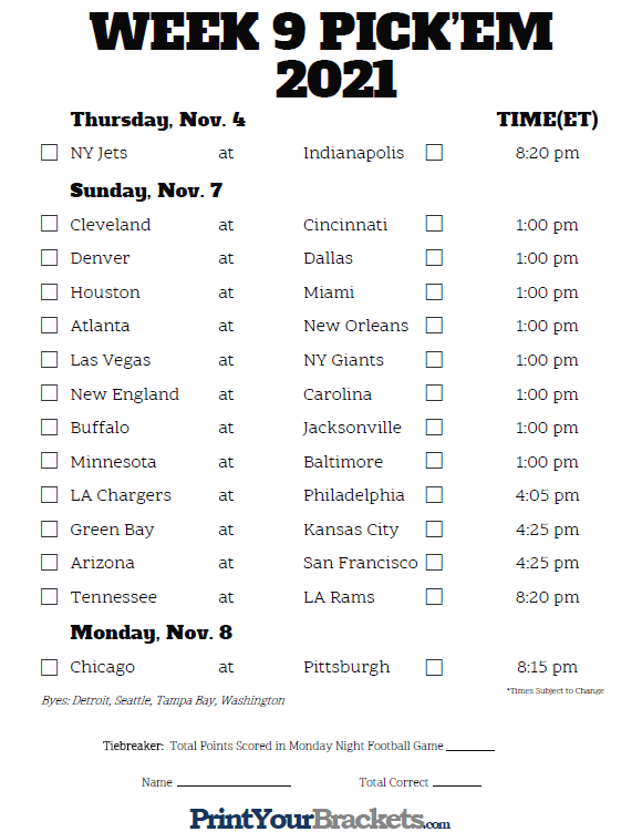 Printable NFL Week 9 Schedule Pick Em Pool 2020