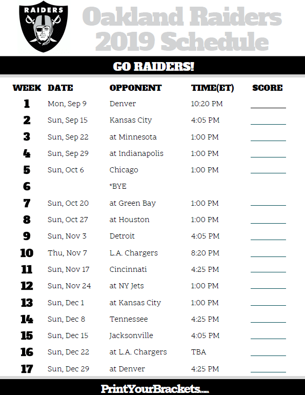 Printable Oakland Raiders Schedule 2019 Season Raiders 