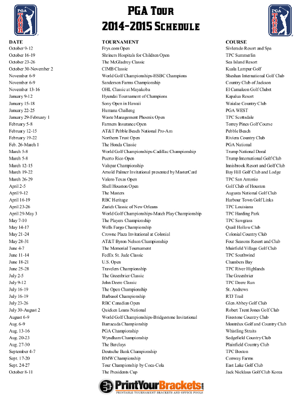 Printable PGA Tour Schedule PGA Tournament Dates 2014 2015