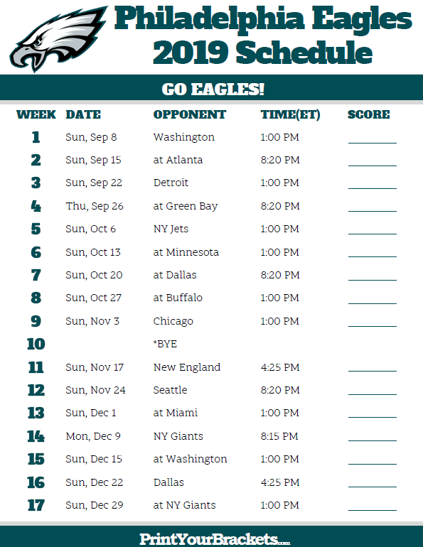 Printable Philadelphia Eagles Schedule 2019 Season 