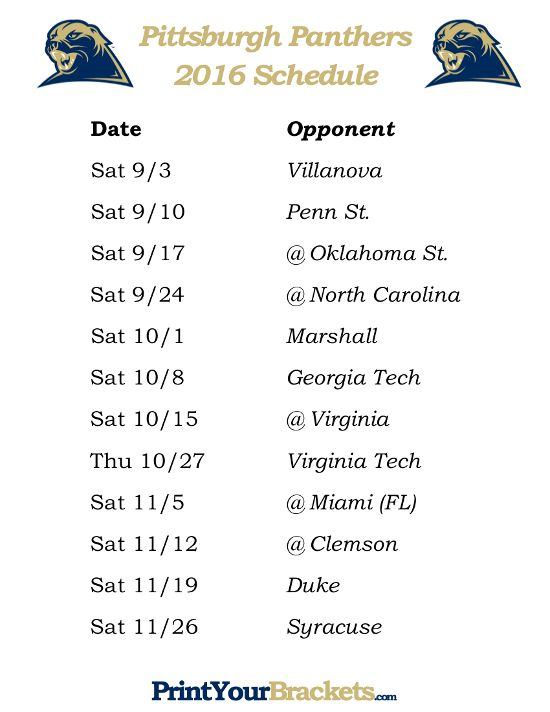 Printable Pittsburgh Panthers Football Schedule 2016 With 