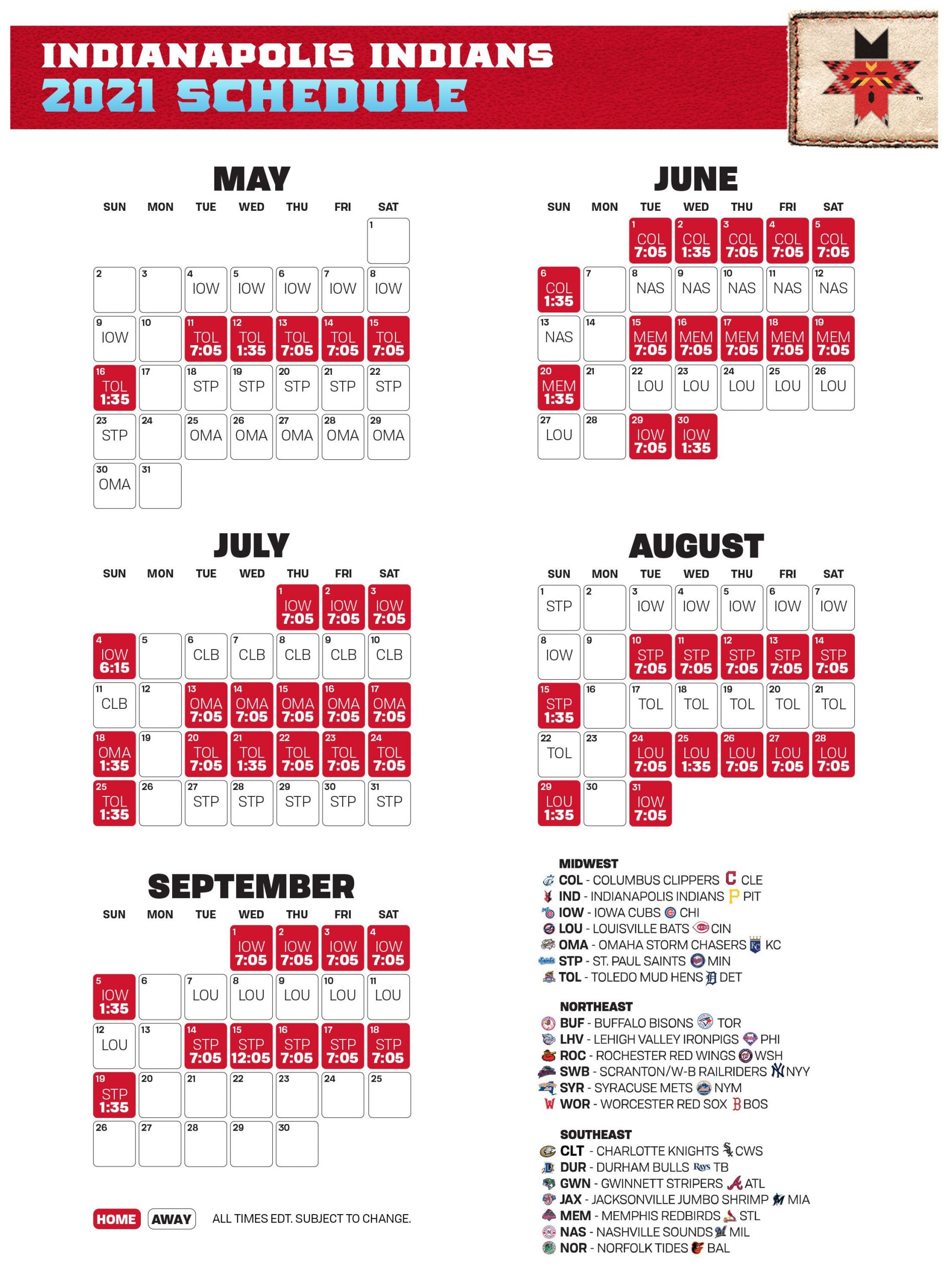 Printable Schedule Indians