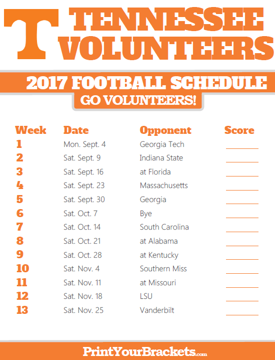 Printable Tennessee Volunteers Football Schedule