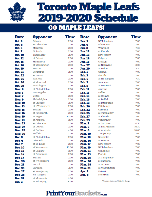 Printable Toronto Maple Leafs Hockey Schedule 2019 2020