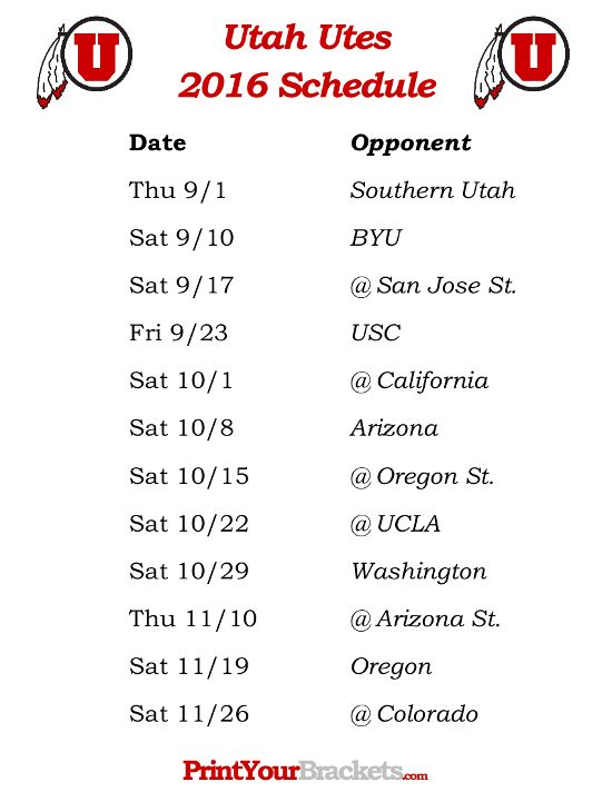Printable Utah Utes Football Schedule 2016 Utah Utes 