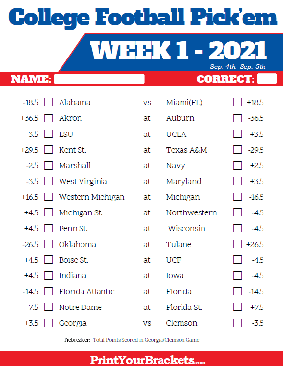 Printable Week 1 College Football Pick Em Sheets 2020